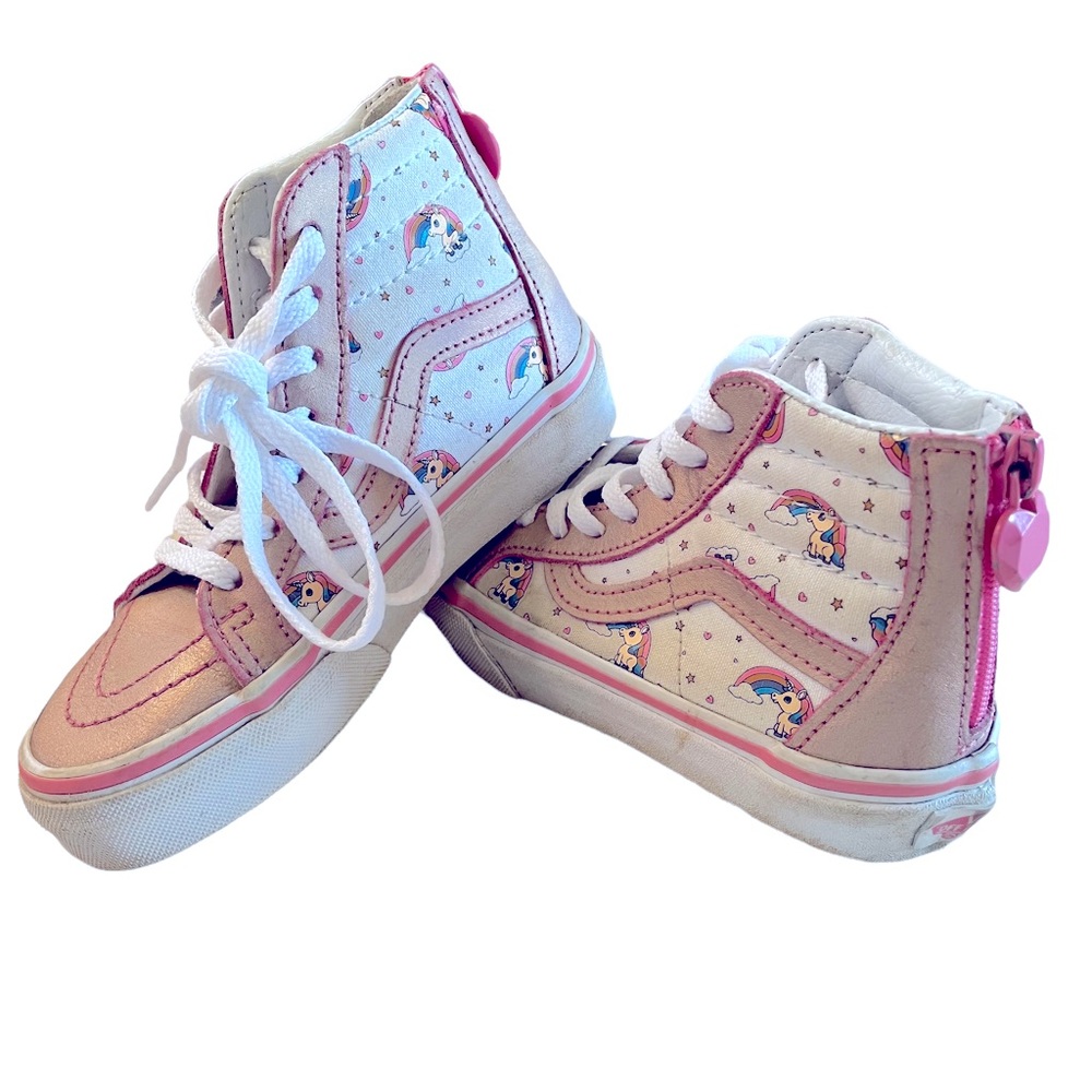 VANS High Top Sneakers White Pink Gold Laces & Zipper Unicorns Rainbows 11